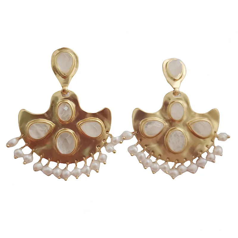 Brass Retro Rhinestoned Fan Earrings Women Jewelry Punk Party T Show Gown Runway Korean Japan INS