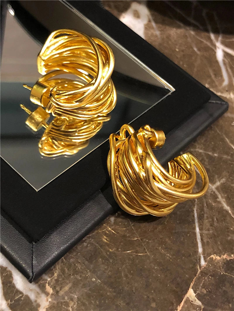 Brass With 18K Vintage Line Mixed Statement Hoop Earrings Punk Party Gown Runway Boucle d'oreille Korean Japan Style Fashion