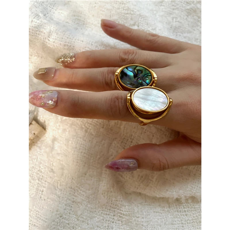 Brass With 18 K Gold Double Side Natural Shell Rings  Women Jewlery Designer T Show Club Cocktail Party Rare Japan Korean