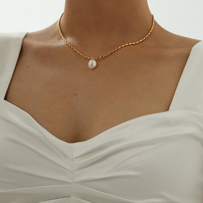 Titanium With 18K Gold Beads Chian Real Pearl Choker Necklace Designer T Show Runway Gown  Rare INS Japan Korean Boho Top